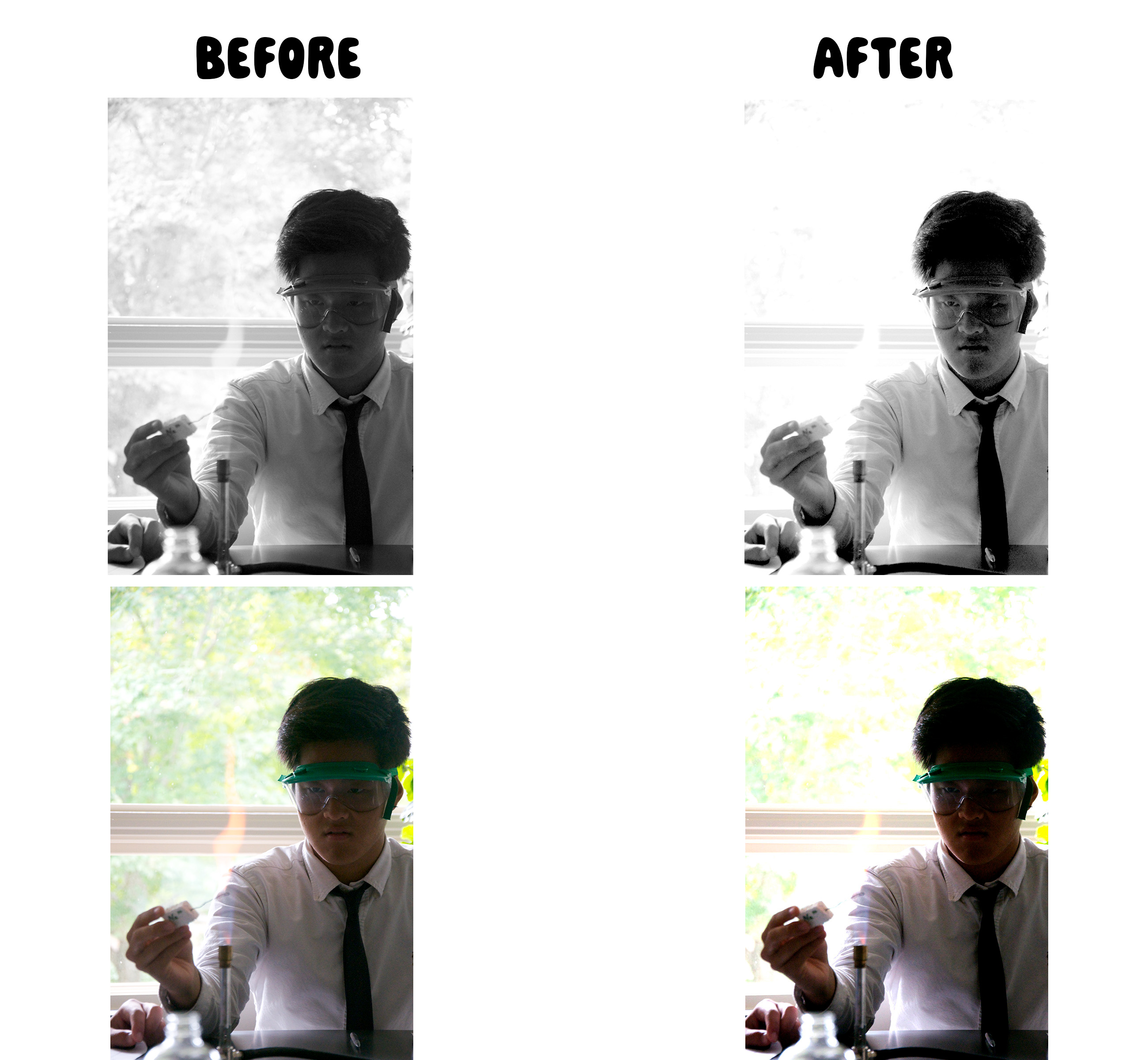 Science Class before and after Photoshop Levels adjustment